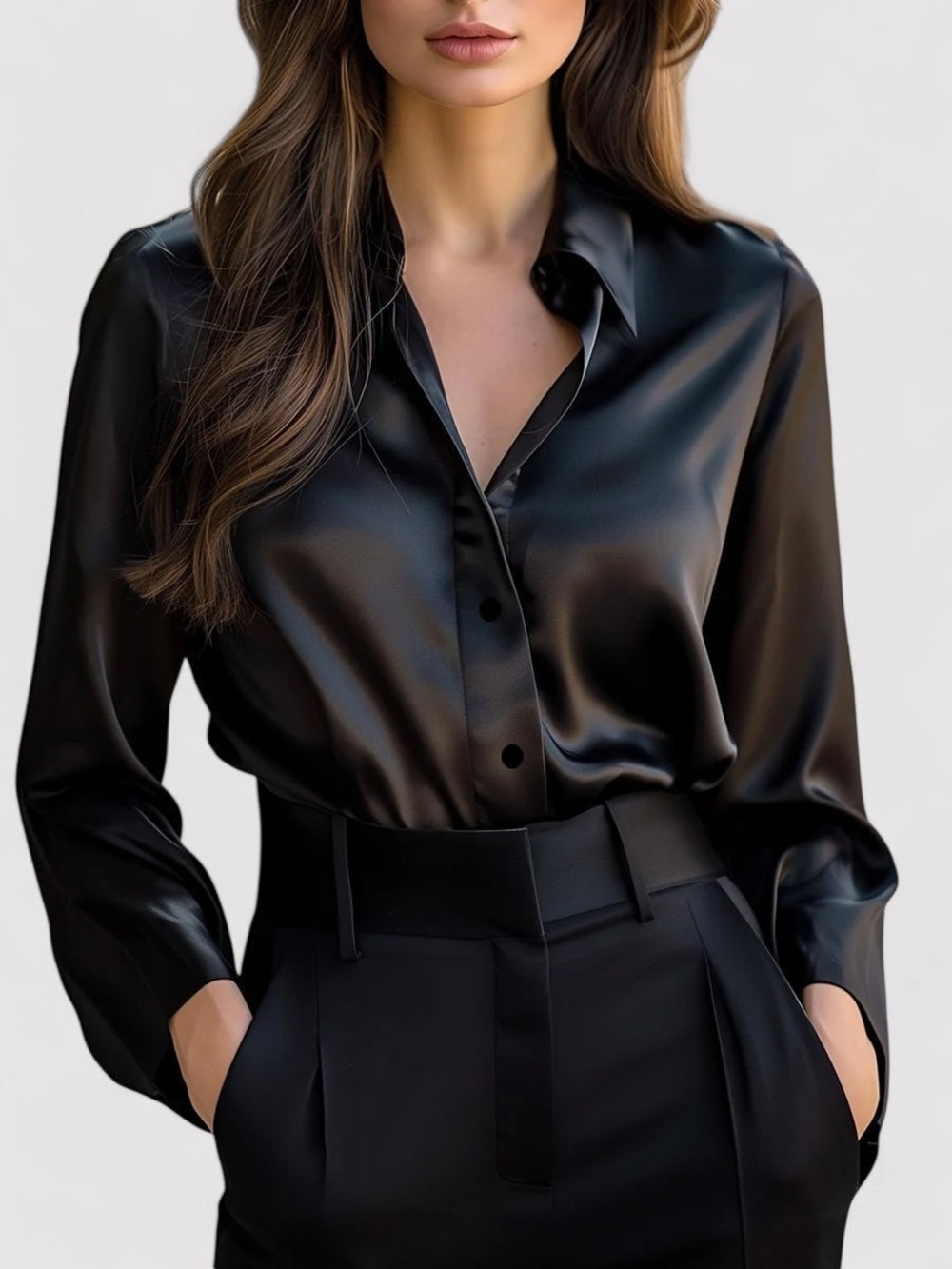 Endless Rose Black Satin Feel Button-Front Blouse